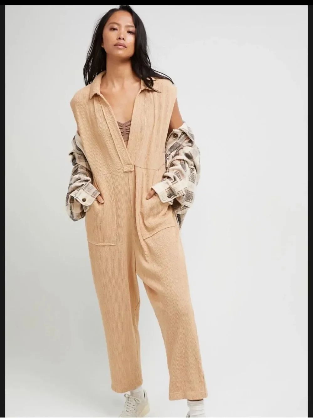 Free People Sleeveless Carousel Knit Jumpsuit in Beige